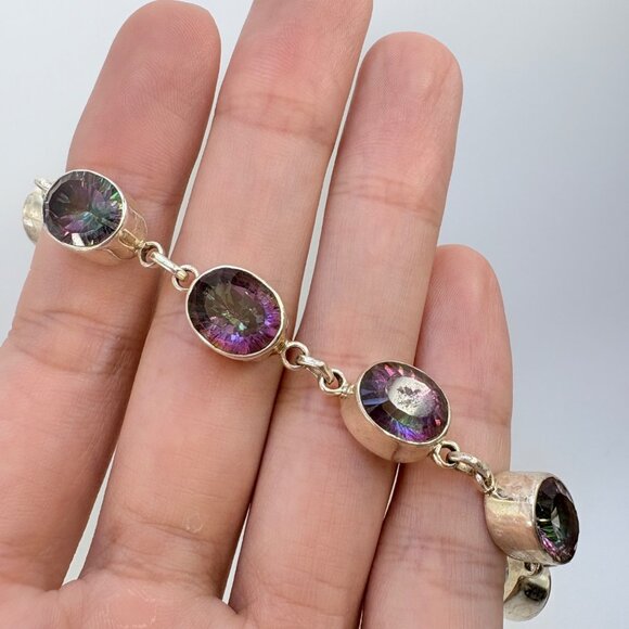 VTG sterling Silver 925 Mystic Topaz Tennis Bracelet Oval Bezel Set 7.5 - 8.25" - Picture 5 of 12
